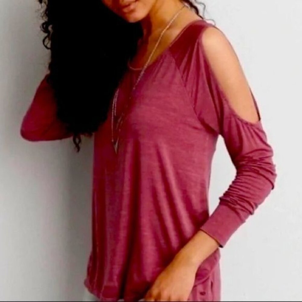 American Eagle Outfitters Viscose Spandex Soft Sexy Tee Mauve Long Sleeve Off Sh - Picture 3 of 8